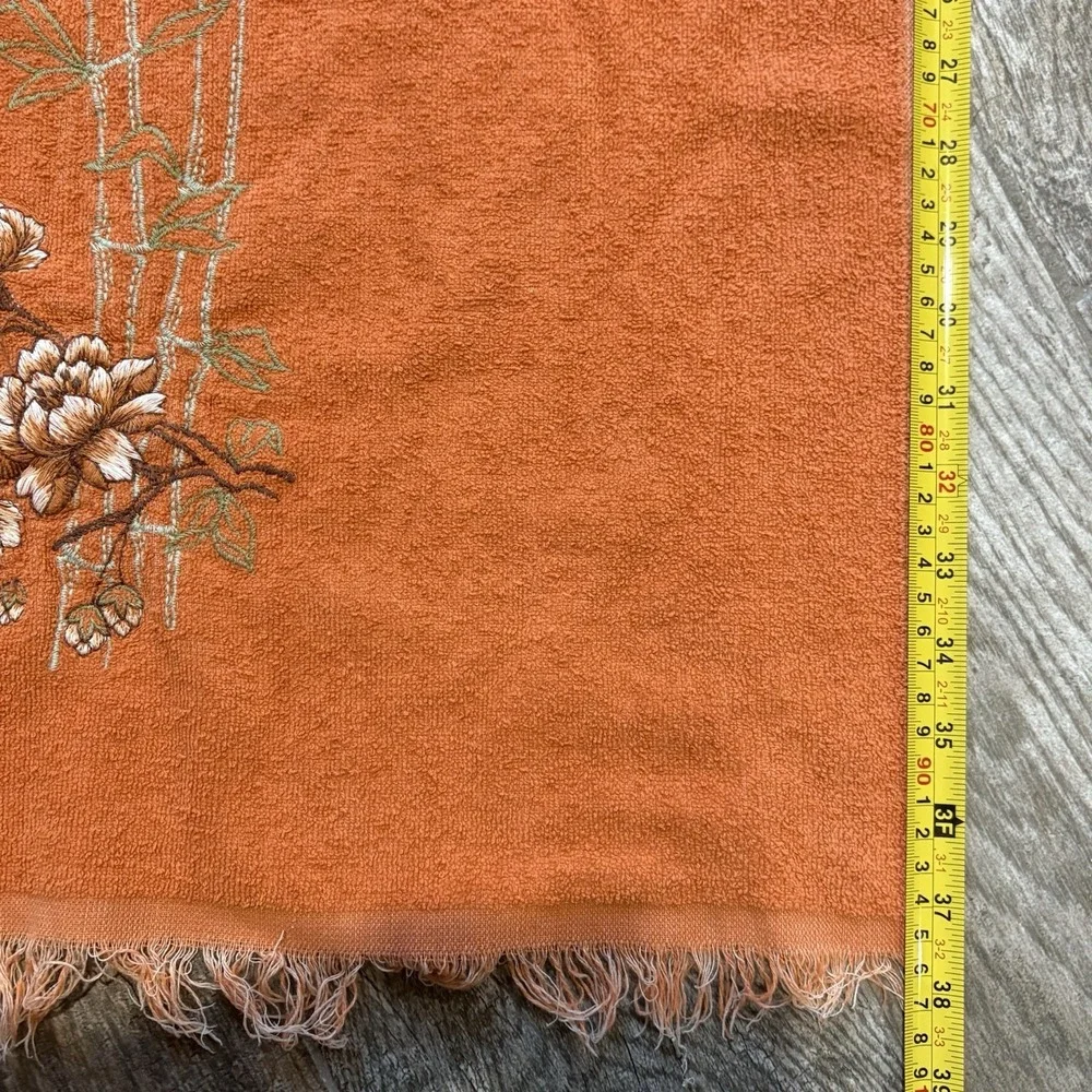 Vtg 1970s Cannon Hand Towel Fringe Embroidered Flowers MCM Orange Made USA